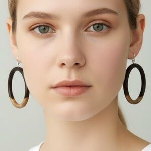 Vintage Boho Hand Carved Two-Tone Wooden Hoops w/ Sterling 925 Hooks